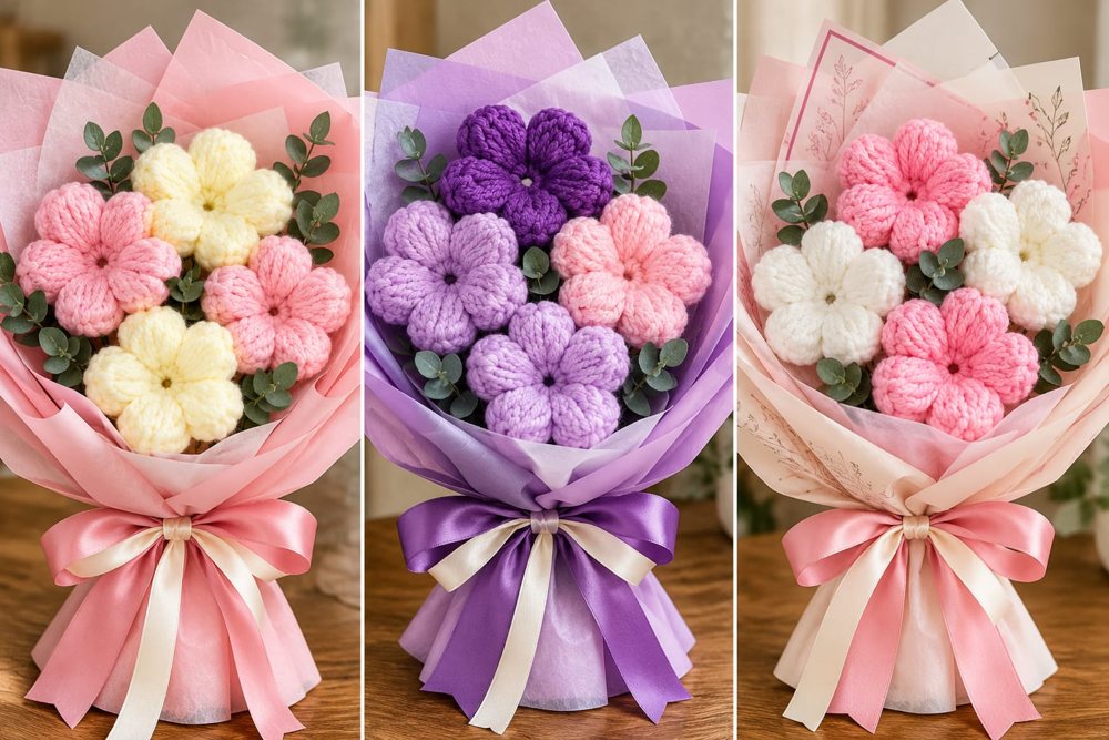 Three pastel crochet bouquets in pink, lilac and cream