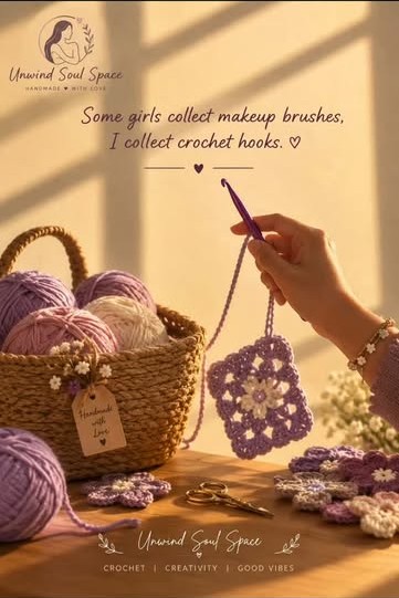 Hand holding a crochet hook beside a basket of yarn